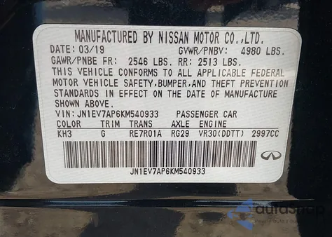 2019 Infiniti Q50 3.0T Luxe z USA, uszkodzony, nr VIN JN1EV7AP6KM540933